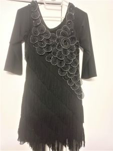 Adult Female Costumes to Hire - Gatsby Black dress with fringing & flower detail - SMALL